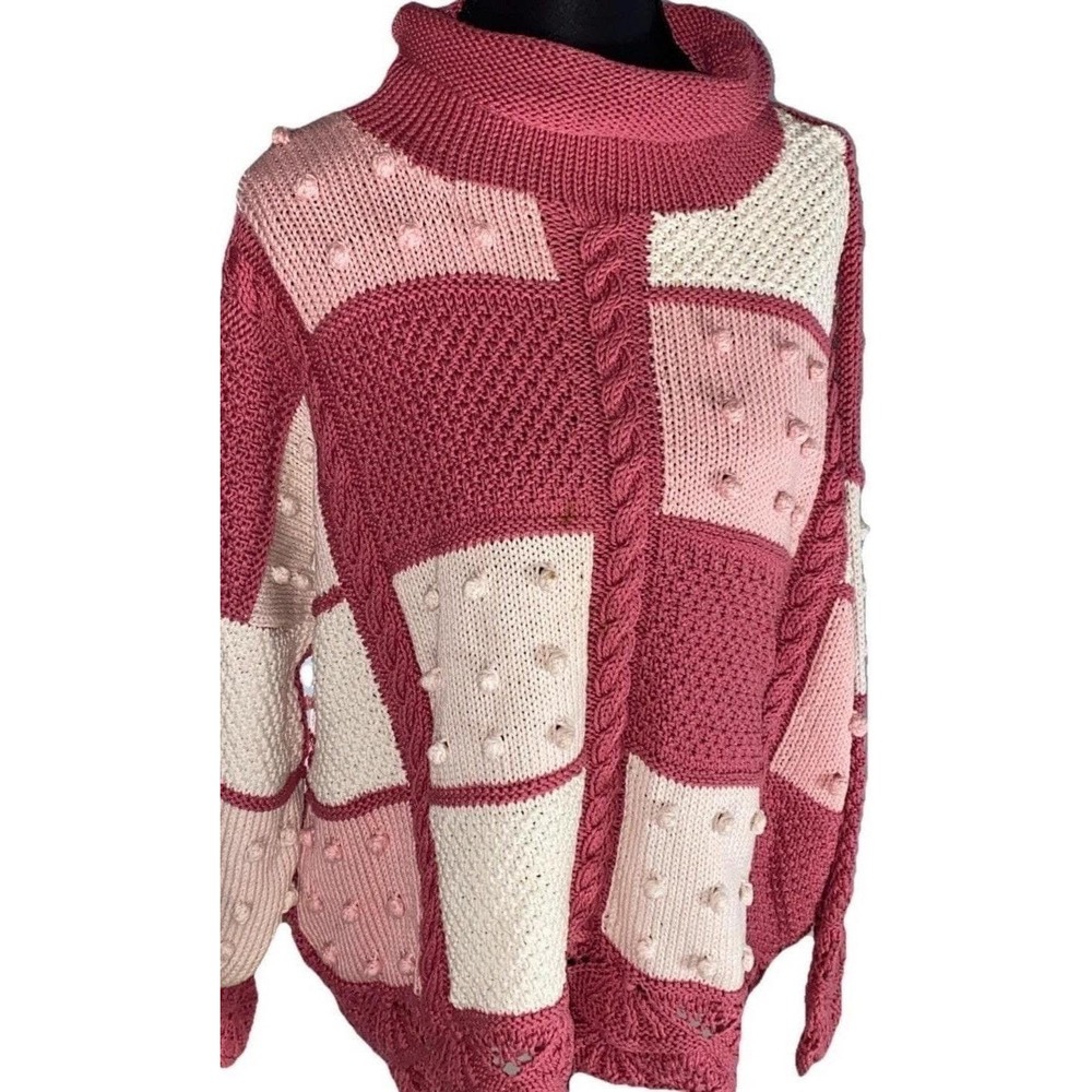 Patchwork Sweater Hand Crafted Ireland pink Pom Pom Cable Knit Womens M Cottage